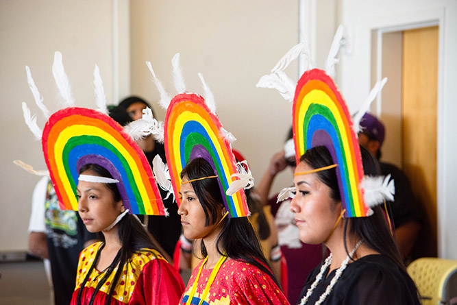 The Che’Be’Tu Apache Sweethearts perform a rainbow dance during the New Mexico Consortium of Academic Libraries retreat at The University of New Mexico-Gallup on July 31, 2025.