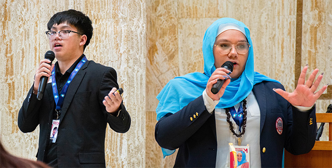 In this composite image, McKinley Academy students Benson Truong, left, and Lamece Sarameh deliver a presentation in the Roundhouse rotunda in Santa Fe on Thursday, Feb. 5, 2026.