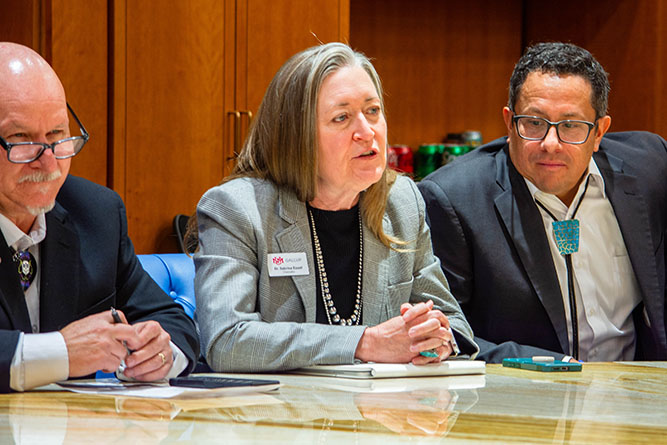 UNM-Gallup Chancellor Dr. Sabrina Ezzell talks about the branch campus' infrastructure needs during a meeting with the governor in Santa Fe on Wednesday, Feb. 4, 2026.