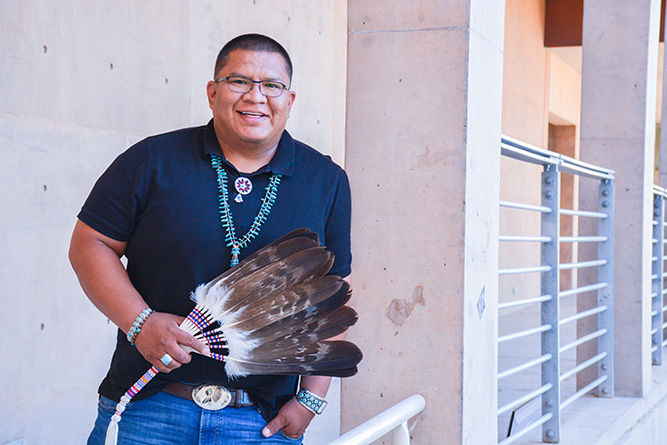 In this November 2023 file photo, Darrel Watchman poses for a portrait at The University of New Mexico-Gallup campus.