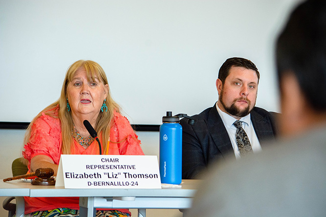 State Rep. Elizabeth Thomson asks a question during a New Mexico Legislative Health and Human Services Committee meeting at The University of New Mexico-Gallup on Aug. 18, 2025.