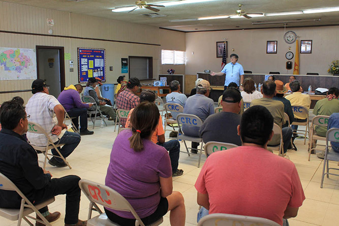 In this July 13 courtesy photo, UNM-Gallup Professor Dr. Christopher Dyer address a meeting of Church Rock Chapter veterans about the community action response team’s disaster resilience project. Photo courtesy of Dr. Christopher Dyer/UNM-Gallup.